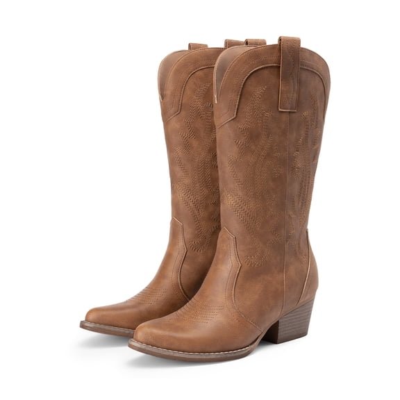 DREAM PAIRS Women's Western Cowboy Cowgirl Boots Square Toe Embroidery Mid Calf Booties