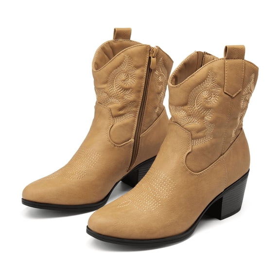 BURUDANI Women's Western Embroidered Ankle Boots Cowboy Cowgirl Low chunky Heel Round Toe Short Booties Shoes