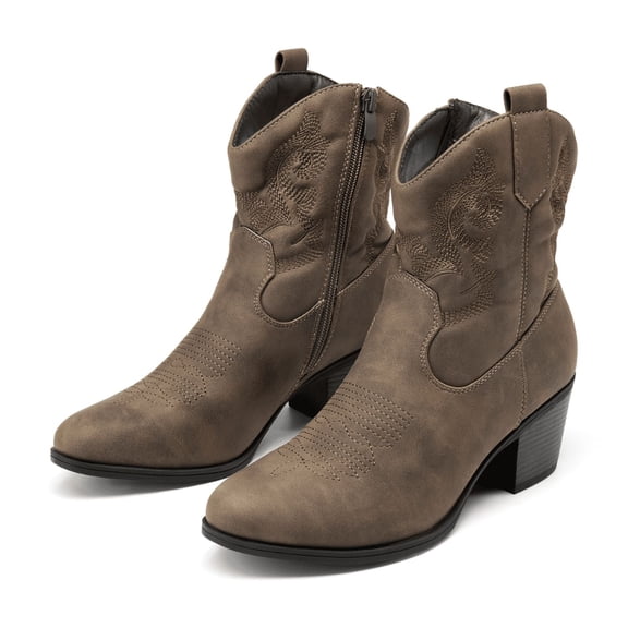 BURUDANI Women's Western Embroidered Ankle Boots Cowboy Cowgirl Low chunky Heel Round Toe Short Booties Shoes