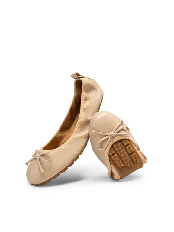 Women's Wide Width Ballet Flats Comfortable Foldable Slip-On Shoes Lightweight Travel Flats with Bow Detail