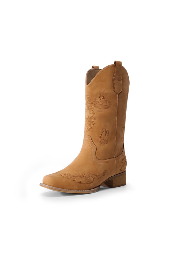 Women's Cowboy Boots Mid Calf Cowgirl Boots Embroidery Stitched Square Toe Western Boots Wide Width