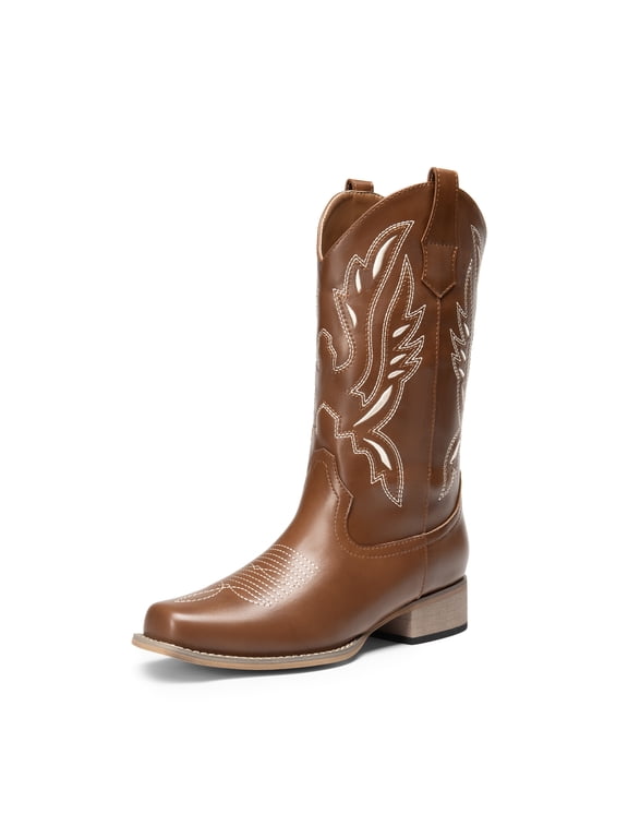 Women's Cowboy Boots Mid Calf Cowgirl Boots Embroidery Stitched Square Toe Western Boots Wide Width
