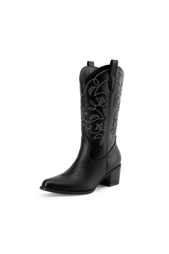 Women's Cowboy Boots Square Toe Embroidered Western Boots Chunky Heel Mid Calf Cowgirl Fashion Boots Wide Width