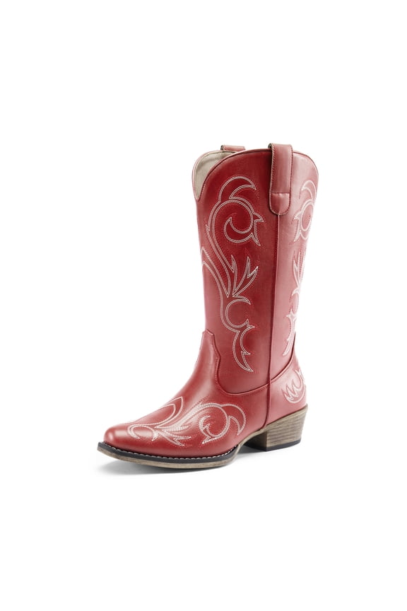 Women's Western Cowboy Boots, Mid-Calf Cowgirl Boots with Chunky Heel & Embroidered Stitching Wide Width