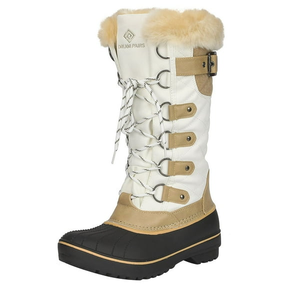 DREAM PAIRS Women's Winter Comfort DP Warm Faux Fur Lined Mid Calf Snow Boots DP-AVALANCHE BEIGE/WHITE Size 5