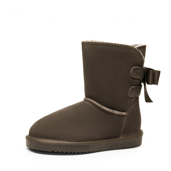 DREAM PAIRS Women's Winter Snow Boots FuzzyChic Bow Genuine Suede Leather Faux Fur Lining Memory Foam Warm Winter Short Booties for Outdoor Indoor