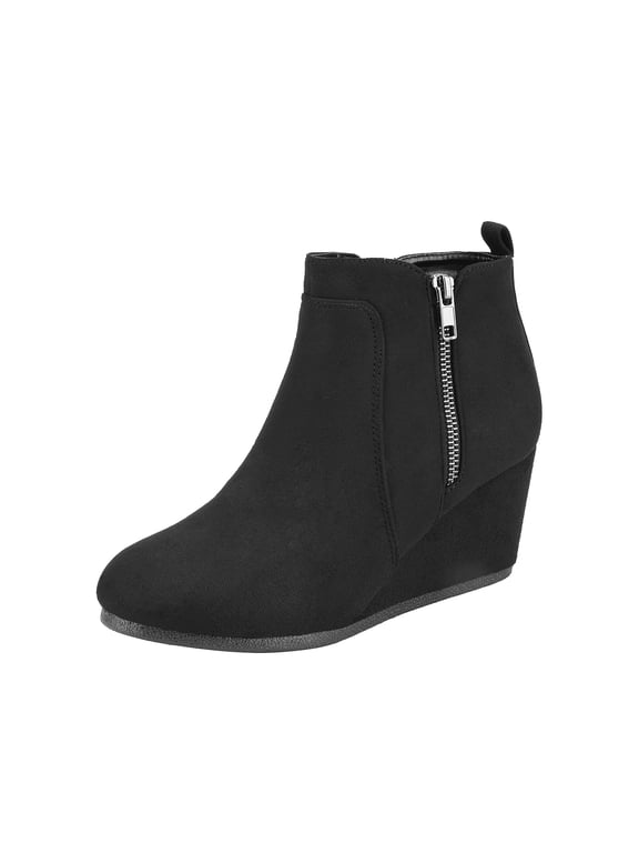 Women's Winter Warm Booties Low Wedge Ankle Boots Round Toe Suede Zip Boots