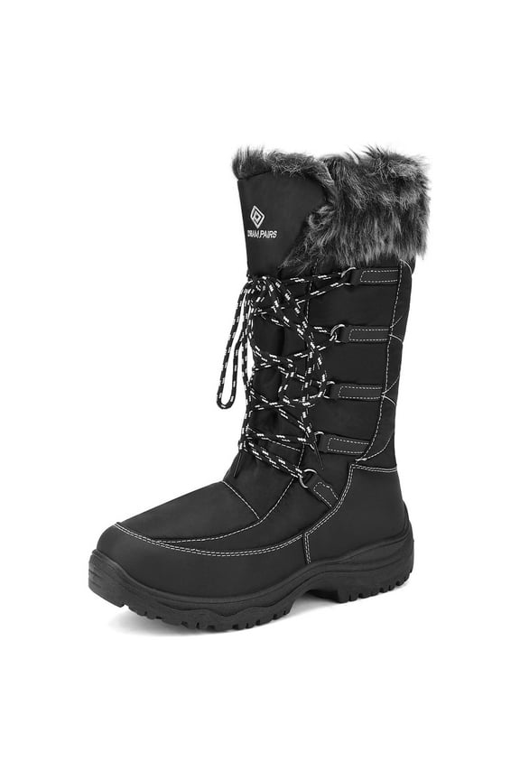 Women's Winter Waterproof Warm Faux Fur Mid Calf Snow Boots Outdoor Hiking Boots BLACK Size 8