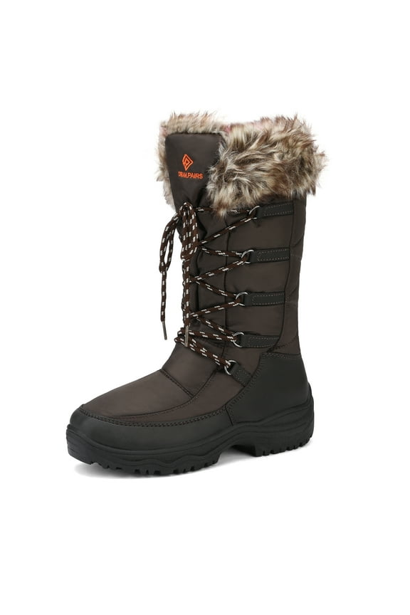 Women's Winter Waterproof Warm Faux Fur Mid Calf Snow Boots Outdoor Hiking Boots BROWN Size 5