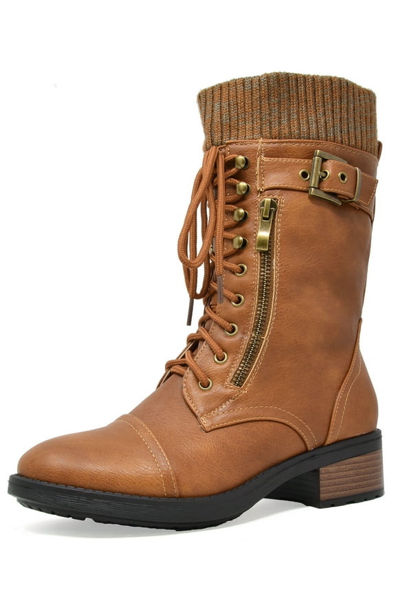 Womens Ankle Booties Lace Up Mid Calf Military Combat Boots AMAZON CAMEL Size 8