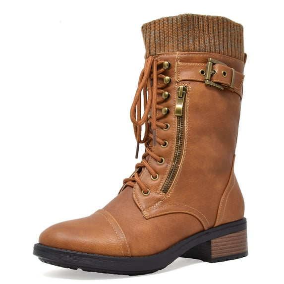 DREAM PAIRS Womens Ankle Booties Lace Up Mid Calf Military Combat Boots AMAZON CAMEL Size 9