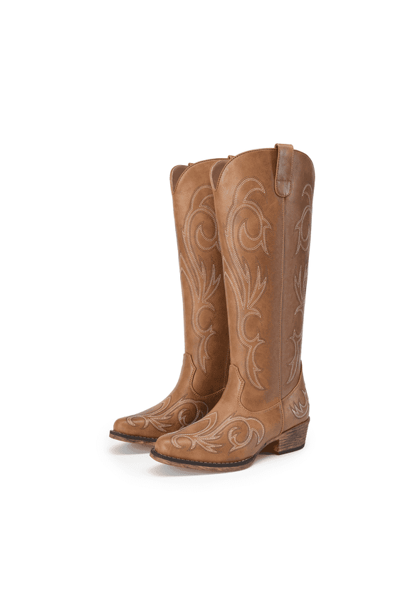 Women's Embroidered Western Cowboy Boots, Knee High Cowgirl Style with Chunky Heel & Side Zipper, Comfortable Pull-On Fit
