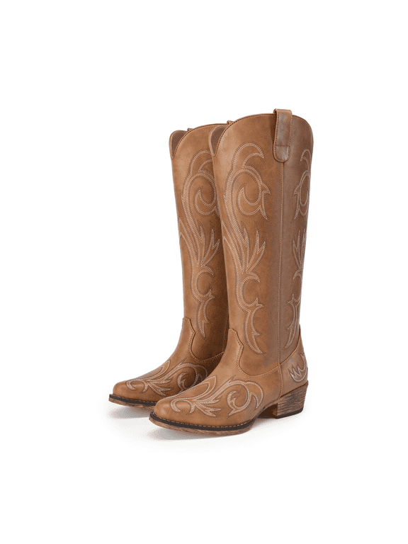 Women's Embroidered Western Cowboy Boots, Knee High Cowgirl Style with Chunky Heel & Side Zipper, Comfortable Pull-On Fit