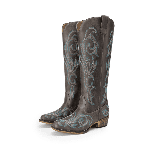 BURUDANI Women's Embroidered Western Cowboy Boots, Knee High Cowgirl Style with Chunky Heel & Side Zipper, Comfortable Pull-On Fit