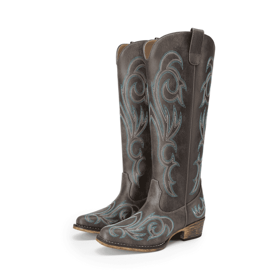 DREAM PAIRS Women's Embroidered Western Cowboy Boots, Knee High Cowgirl Style with Chunky Heel & Side Zipper, Comfortable Pull-On Fit
