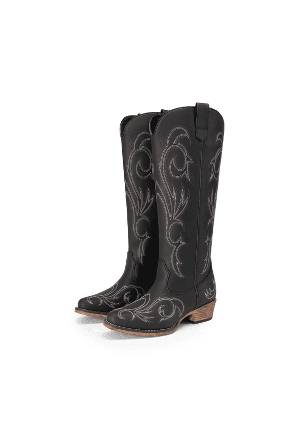 Women's Embroidered Western Cowboy Boots, Knee High Cowgirl Style with Chunky Heel & Side Zipper, Comfortable Pull-On Fit