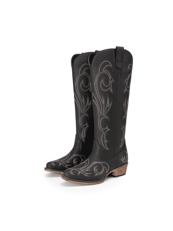 Women's Embroidered Western Cowboy Boots, Knee High Cowgirl Style with Chunky Heel & Side Zipper, Comfortable Pull-On Fit