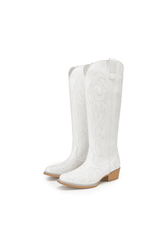 Women's Embroidered Western Cowboy Boots, Knee High Cowgirl Style with Chunky Heel & Side Zipper, Comfortable Pull-On Fit