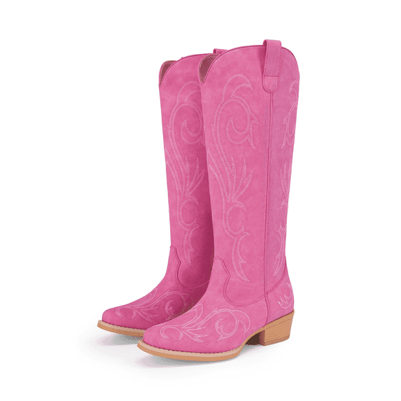 DREAM PAIRS Women's Embroidered Western Cowboy Boots, Knee High Cowgirl Style with Chunky Heel & Side Zipper, Comfortable Pull-On Fit