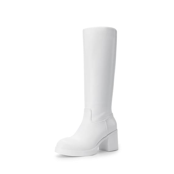 DREAM PAIRS Womens Knee-High Block Heel Boots with Round Toe and Smooth PU Upper