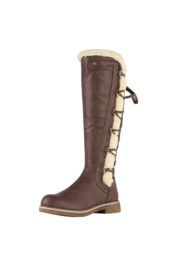 Womens Knee High Faux Fur Lined Winter Snow Lace Up Zip Combat Boots BUSON BROWN Size 5.5