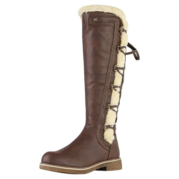 DREAM PAIRS Womens Knee High Faux Fur Lined Winter Snow Lace Up Zip Combat Boots BUSON BROWN Size 5