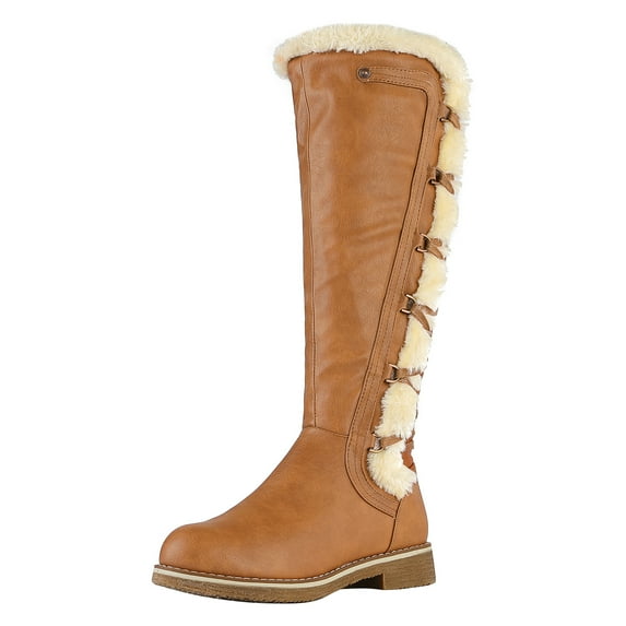 DREAM PAIRS Womens Knee High Faux Fur Lined Winter Snow Lace Up Zip Combat Boots BUSON CAMEL Size 8.5