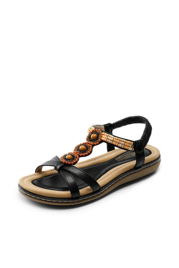 Womens Summer Flat Sandals Comfortable Dressy Elastic Ankle Strap Casual Bohemian Sandals Shoes for Walking Beach