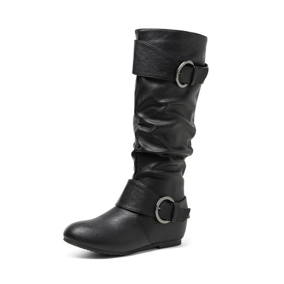 DREAM PAIRS Womens Wide-Calf Knee High Low Hidden Wedge Slouch Buckle Boots URA BLACK Size 9.5