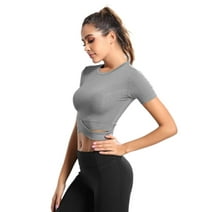 DREAM SLIM Short Sleeve Crop Tops for Women Tummy Cross Fitted Yoga Running Shirts Gym Workout Cropped Tank Tops