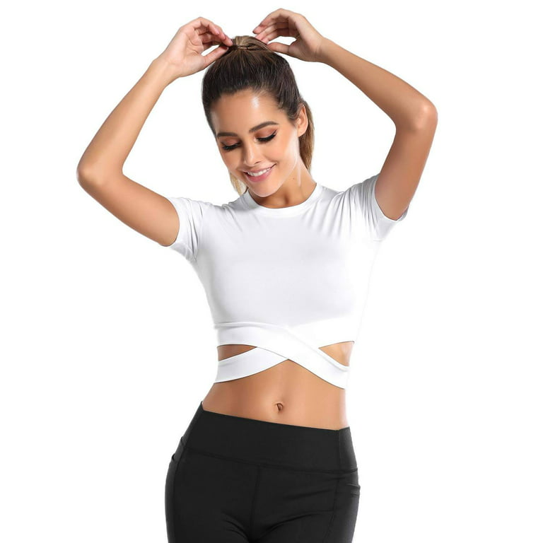 DREAM SLIM Short Sleeve Crop Tops for Women Tummy Cross Fitted Yoga Running  Shirts Gym Workout Cropped Tank Tops