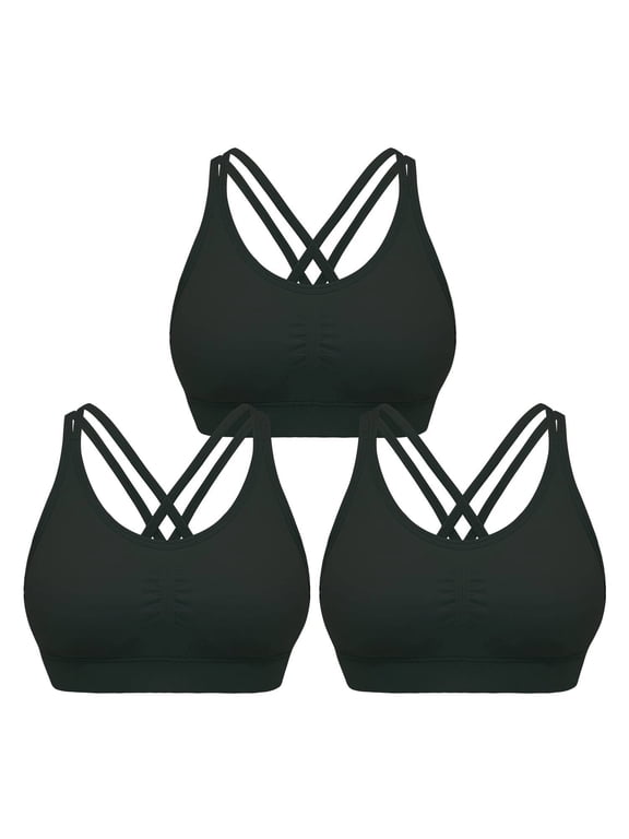 Womens 3 Pack Cross Back Strappy Sports Bra Comfort Medium Impact Bralette Wireless Yoga Workout Bras