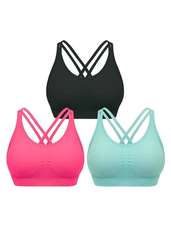 Womens 3 Pack Cross Back Strappy Sports Bra Comfort Medium Impact Bralette Wireless Yoga Workout Bras