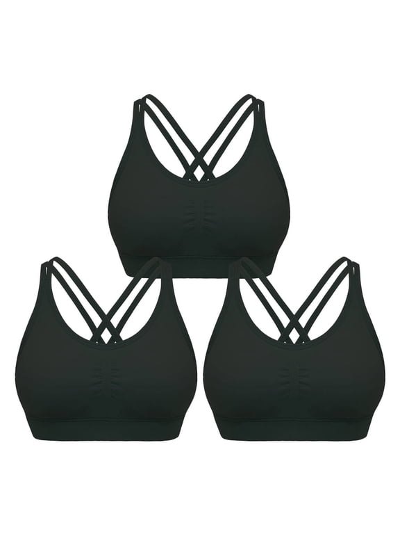 Womens 3 Pack Cross Back Strappy Sports Bra Comfort Medium Impact Bralette Wireless Yoga Workout Bras