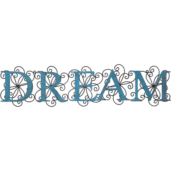 DREAM Word Sign Ornate Plaque Metal Wall Flower Design, Indoor Outdoor Wall Hanging Home ation