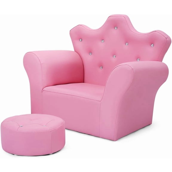 DREAMADE  Sofa with Ottoman, Crown-Like  Couch w/Comfy Armrests, Sturdy Wood Structure, PVC Leather Surface & Crystal Decoration,  Chair with Footstool, Ideal for Princess 3-5 (Pink)
