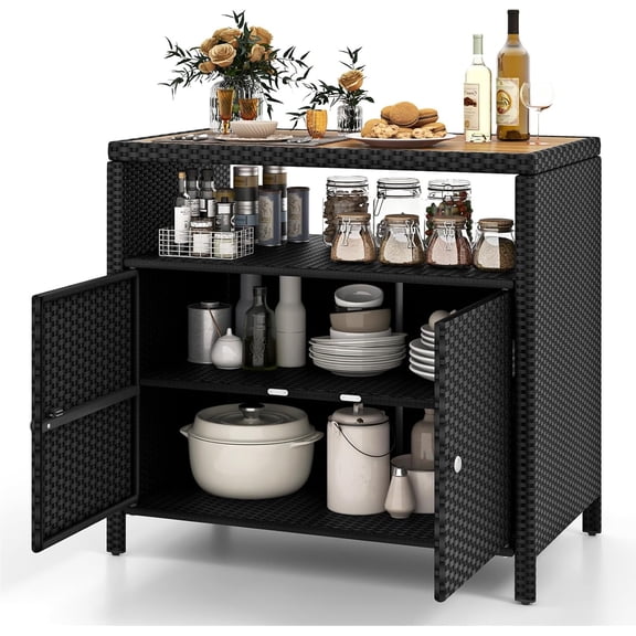 DREAMADE Wicker Outdoor Cabinet, PE Rattan Kitchen Island with Acacia Wood Top, Metal Frame, Adjustable Feet, 2 Doors & Open Shelf, Patio Storage Cabinet for Backyard Balcony Garden Poolside (Black)