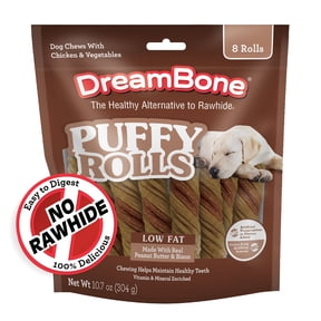 DreamBone Puffy Rolls Chews for Dogs, Treat Your Dog to Easy-to-Digest Rawhide-Free Chews Made with Real Peanut Butter and Bison, 8 Count