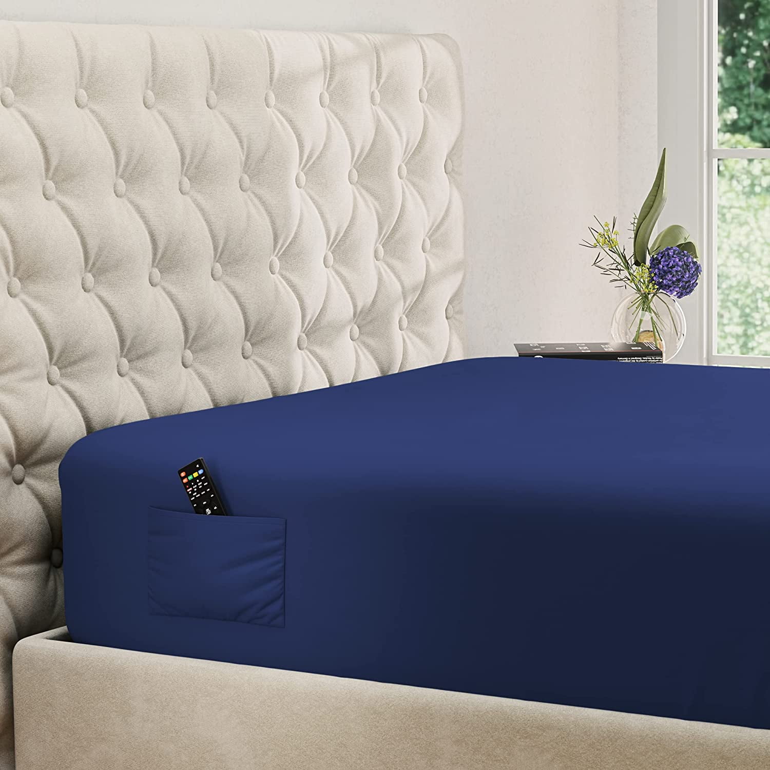DREAMCARE - Bed Sheets - King Size Fitted Sheet 15 inches with Side Pocket,  Navy Blue 