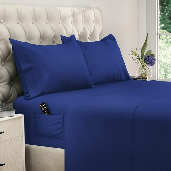 DREAMCARE - Bed Sheets Set - California King Size Sheet with Side Pocket - 4pcs Set, 15 inches, Navy Blue