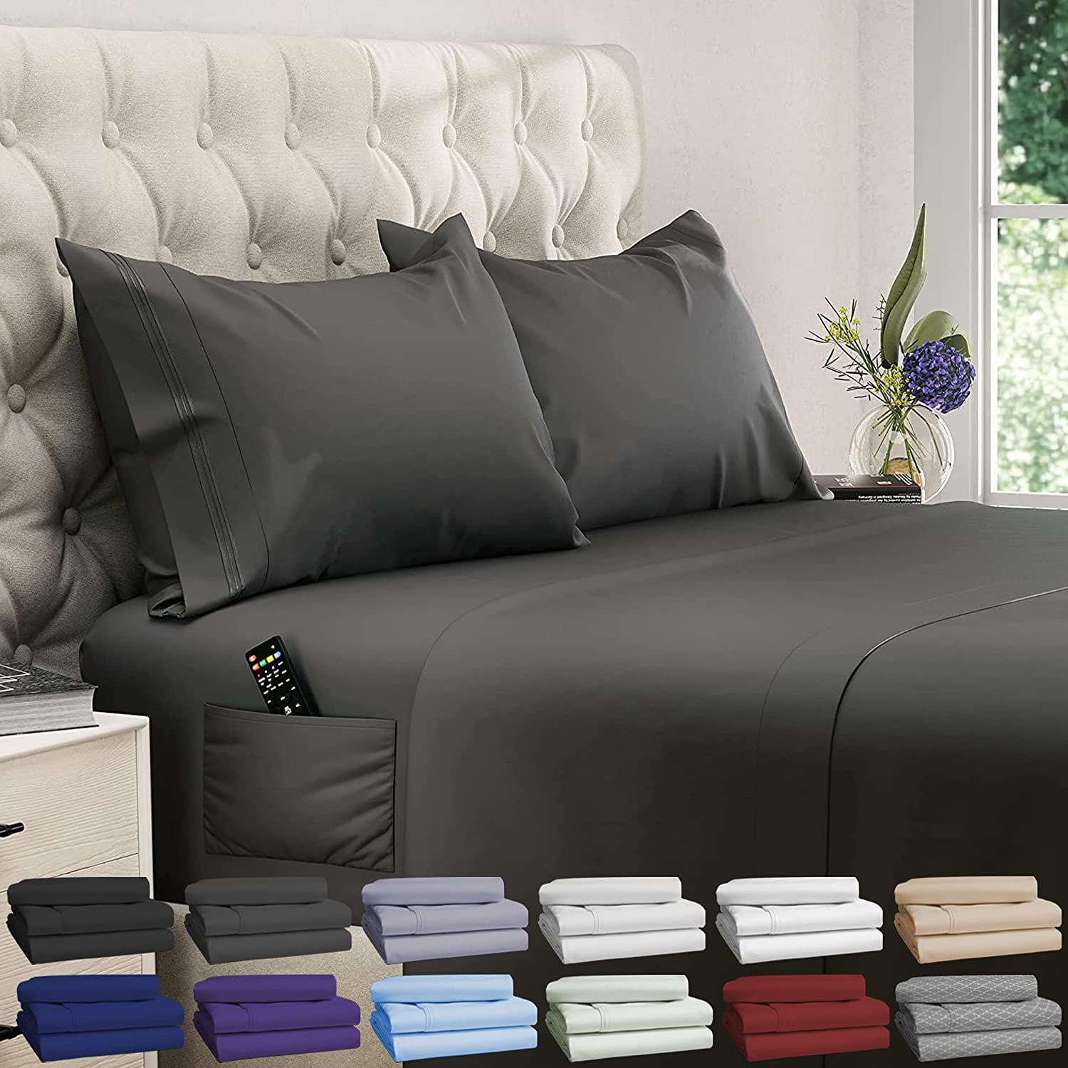 DREAMCARE - Bed Sheets Set - Queen Size Sheet with Side Pocket - 4pcs Set,  15 inches, Black 