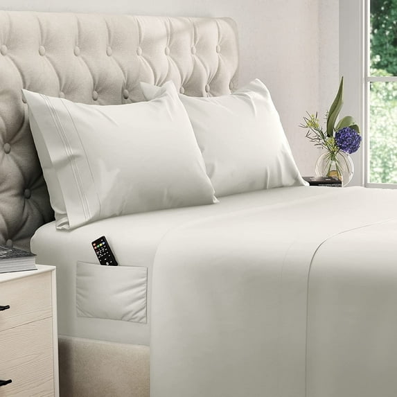 DREAMCARE - Bed Sheets Set - King Size Sheet with Side Pocket - 4pcs Set, 15 inches, Ivory