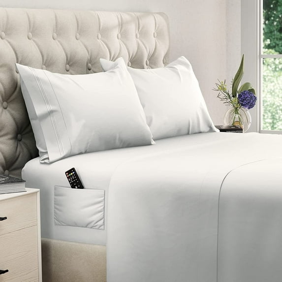 DREAMCARE - Bed Sheets Set - King Size Sheet with Side Pocket - 4pcs Set, 15 inches, White