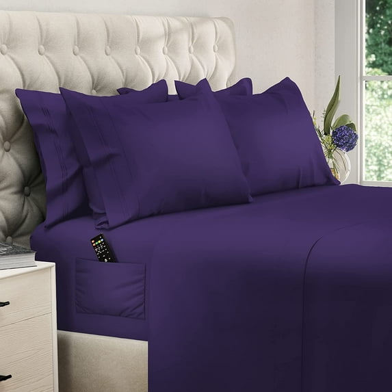 DREAMCARE - Bed Sheets Set - King Size Sheet with Side Pocket - 6pcs Set, 15 inches, Purple