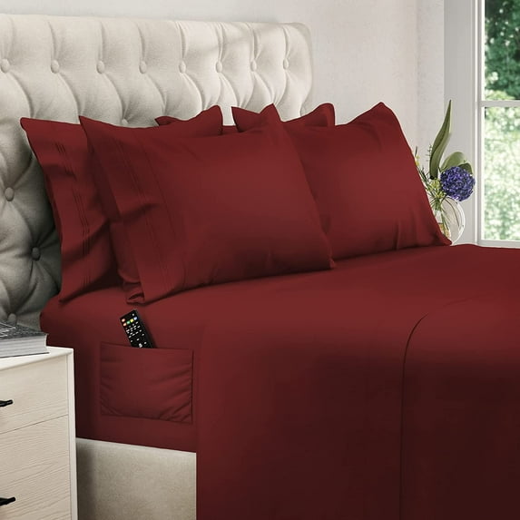 DREAMCARE - Bed Sheets Set - King Size Sheet with Side Pocket - 6pcs Set, 21 inches, Burgundy