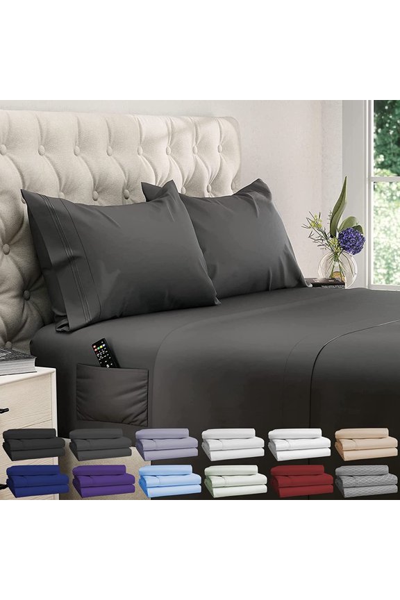Queen Size Sheets - Cooling Bed Sheets with Side Pocket - 4pcs Set, 15 inches, Gray