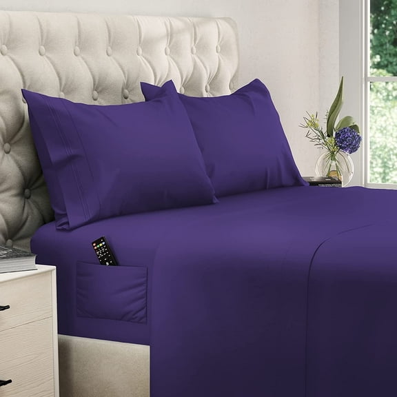 DREAMCARE - Bed Sheets Set - Queen Size Sheet with Side Pocket - 4pcs Set, 15 inches, Purple