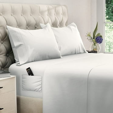 DREAMCARE - Bed Sheets Set - Queen Size Sheet with Side Pocket - 4pcs Set, 15 inches, White