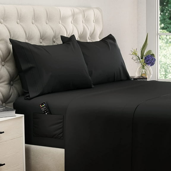 DREAMCARE - Bed Sheets Set - Queen Size Sheet with Side Pocket - 4pcs Set, 21 inches, Black