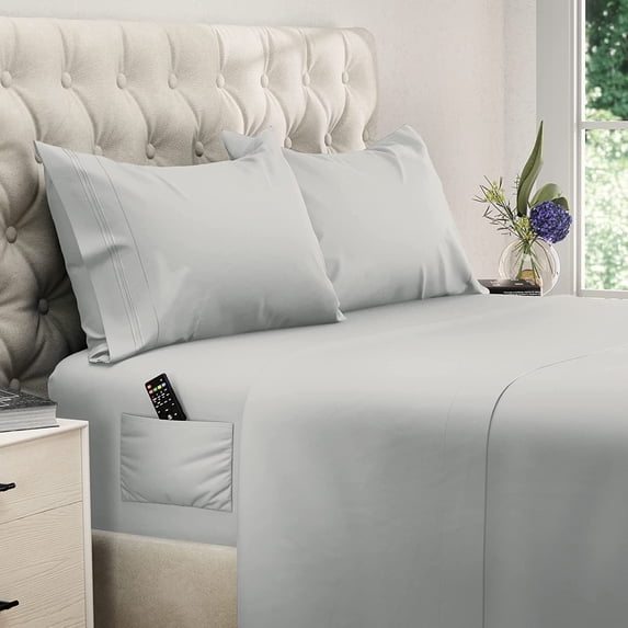 DREAMCARE - Bed Sheets Set - Queen Size Sheet with Side Pocket - 4pcs Set, 21 inches, Light Gray